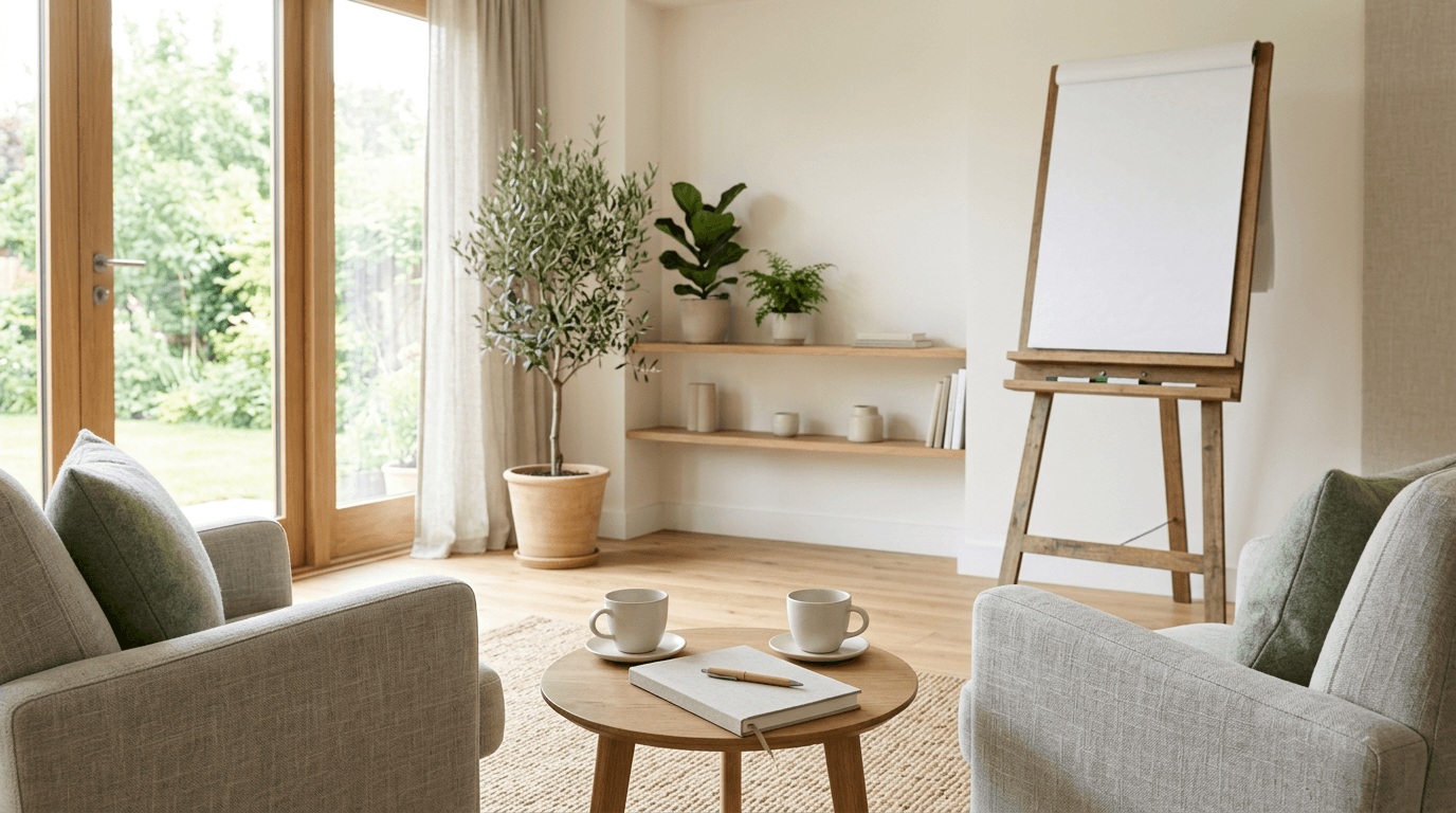 Heller Coachingraum mit zwei Sesseln, Beistelltisch und Flipchart – Webdesign für Coaches und Trainer