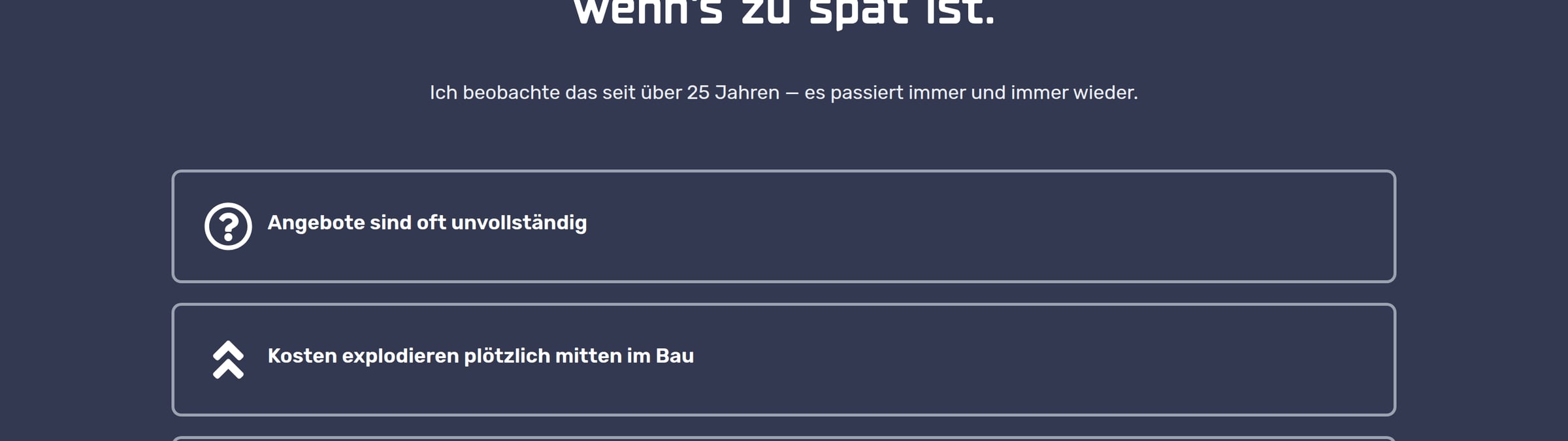 Dunkles Band der Landingpage: „Die Wahrheit: Die meisten Bauherren zahlen drauf“