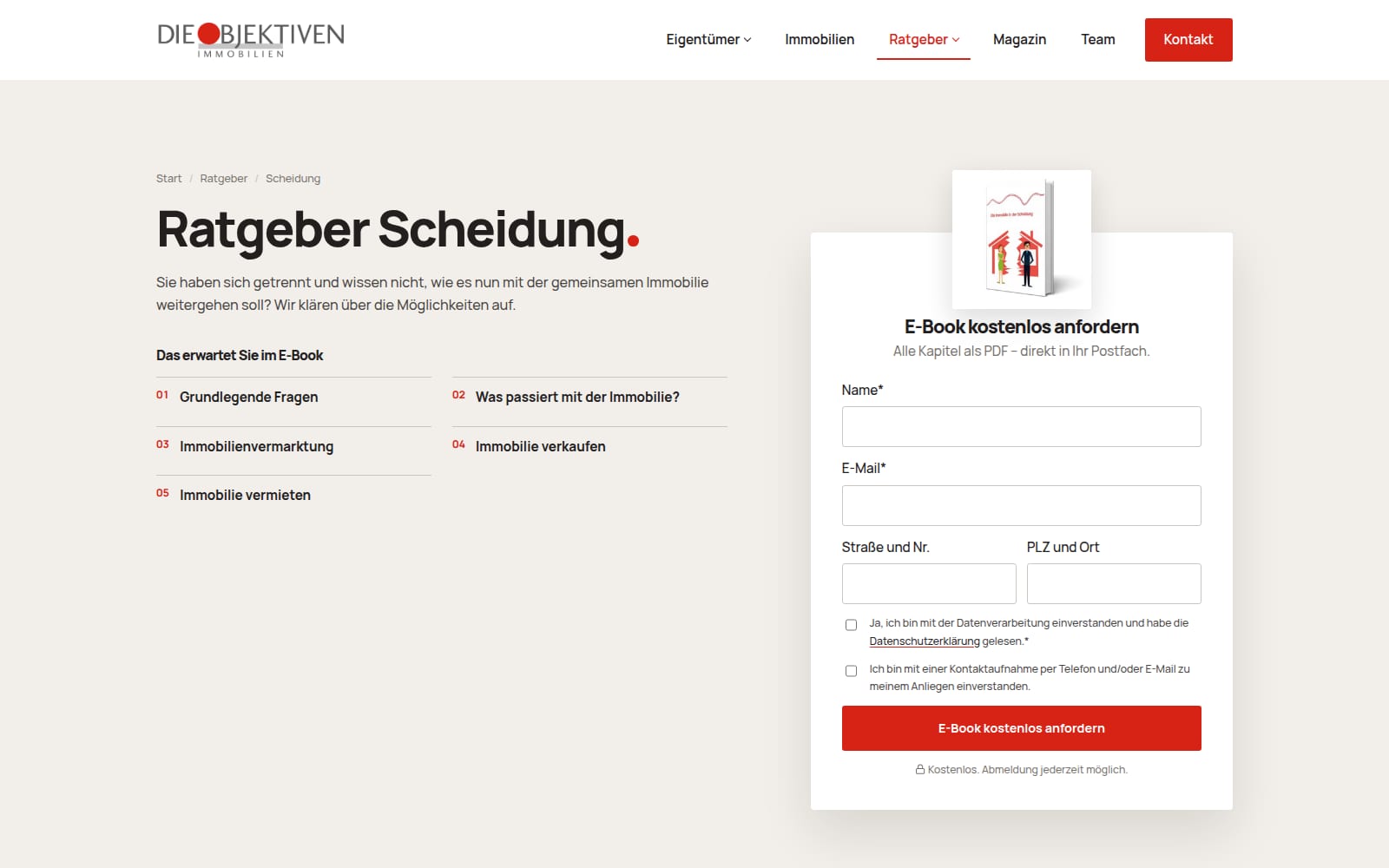 Seite „Ratgeber Scheidung“ mit Inhaltsübersicht und Formular zum Anfordern des E-Books