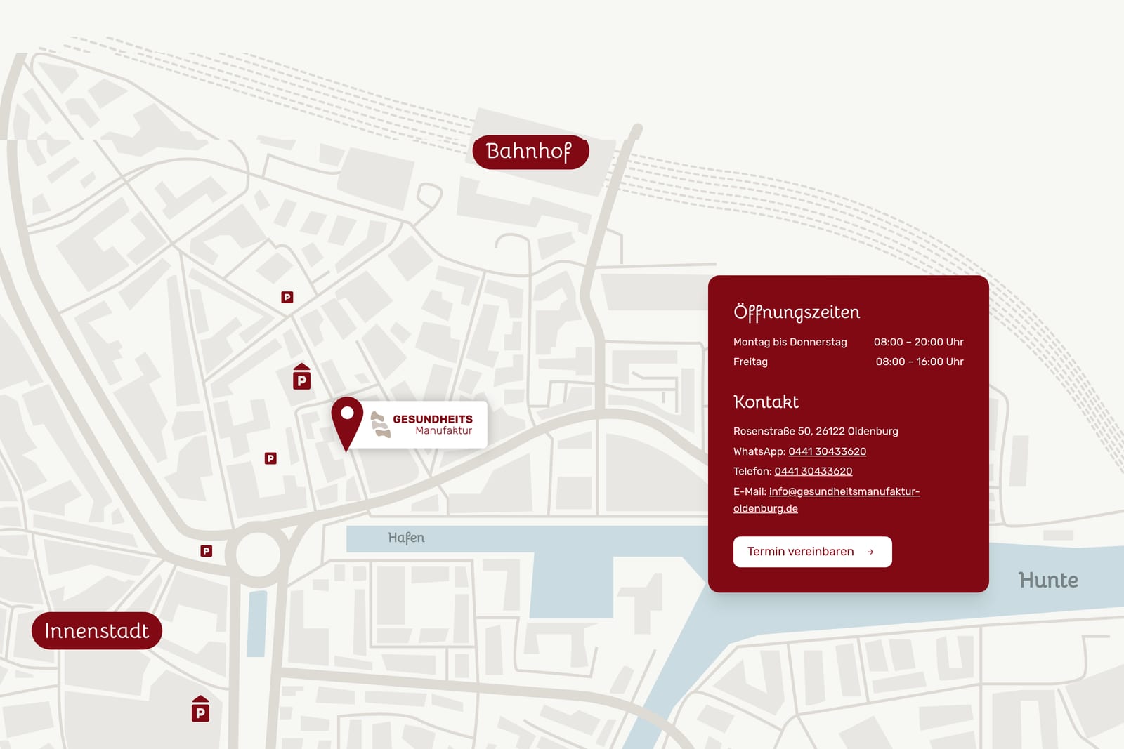 Gezeichnete Karte des Viertels mit Praxis, Parkplätzen und Öffnungszeiten