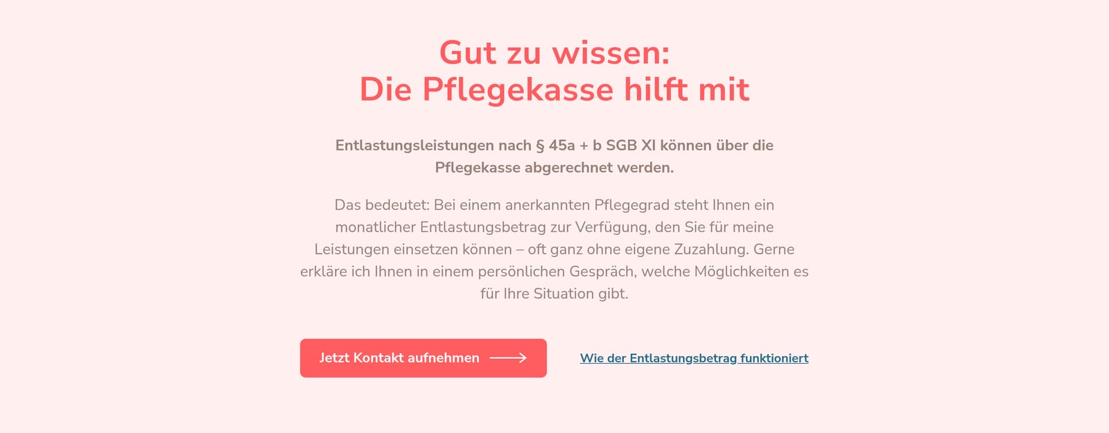 Abschnitt „Gut zu wissen: Die Pflegekasse hilft mit“ am Ende der Startseite