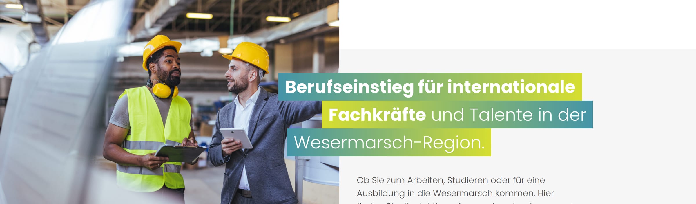Kopfbereich der Startseite: zwei Männer mit Schutzhelm, daneben die Überschrift in Verlaufskästen