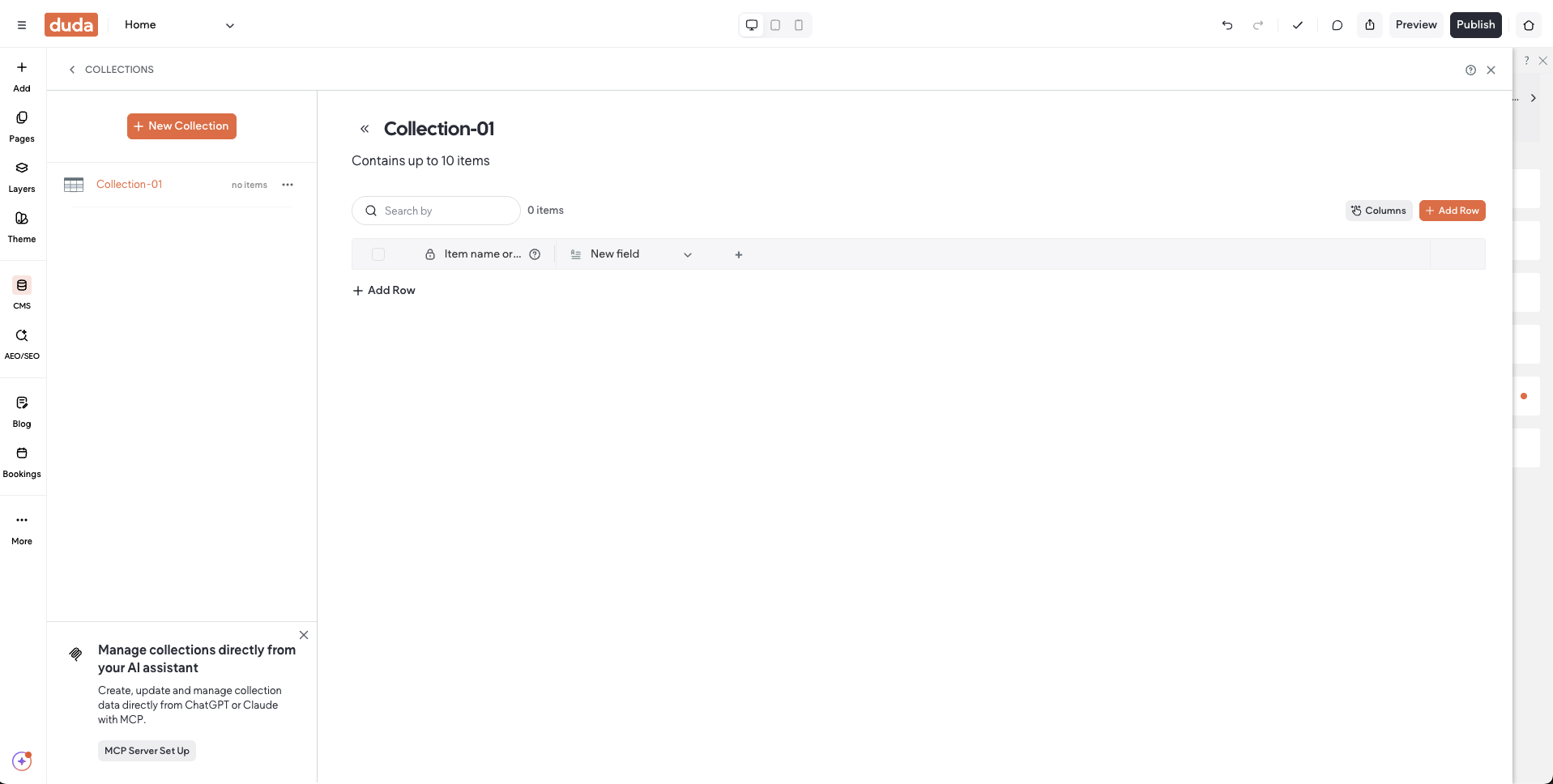 Das Duda-CMS mit einer Collection für wiederkehrende Inhalte in einer Tabellenansicht